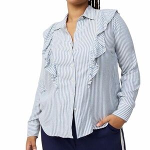 Torrid Blue White Striped Ruffle Blouse Button Front Long Sleeve Size 1X